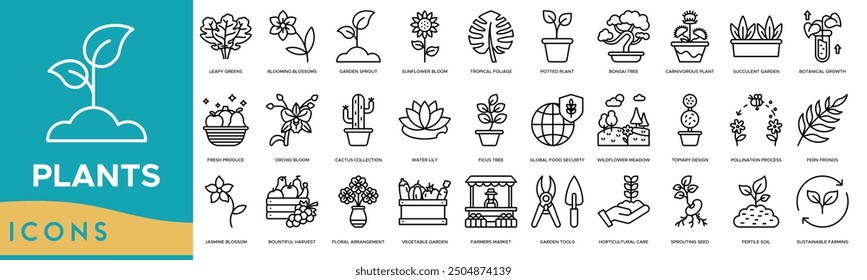 Plants icon. Leafy Greens, Blooming Blossoms, Garden Sprout, Sunflower Bloom and Tropical Foliage