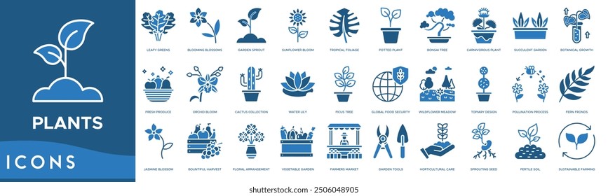 Plants icon. Leafy Greens, Blooming Blossoms, Garden Sprout, Sunflower Bloom and Tropical Foliage