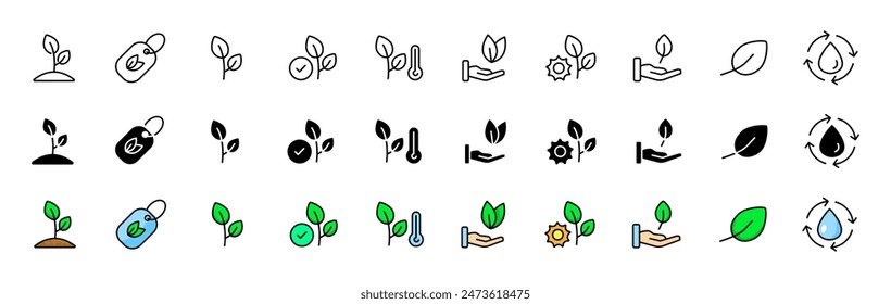 Plants icons collection. Linear, silhouette and flat style. Vector icons