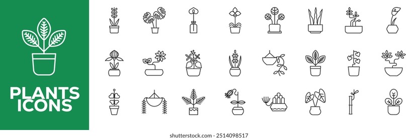 Plants icons collection. Linear, silhouette and flat style. Vector icons