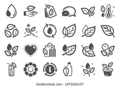 Plants icons. Mint leaf, Growing plants and Humidity thermometer icons. Bottle with mint water, Nature care, leaf on hand. Gardening new flower, environment, water drop and thermometer. Vector