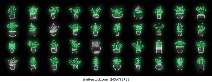 Plants icons set outline vector. Leaf growth. Nature soil neon color on black