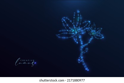 Plants illuminated with stars and lines. Leaf, neon effect, starry in the universe. Nature model: futuristic, big data, ai, contemporary technology.
