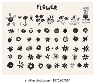 Plants Ink Rubber Stamp Graphics. Handcrafted Branches Floral. Wildflowers - Handdrawn. Set of silhouettes of flowers. Black icons of buds isolated on white background. Set of decorative floral design