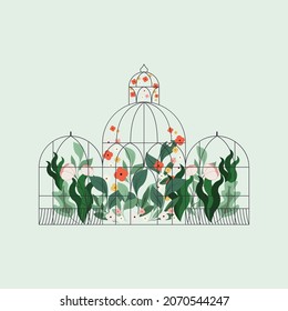 Plants inside glass greenhouse vector background design