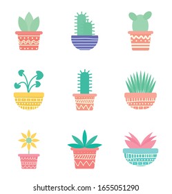 Plants inside pots block gradient style icon set design of Floral nature garden ornament botany decoration beauty and flora theme Vector illustration