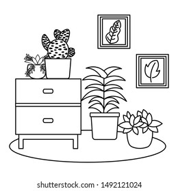 Plants inside pots and furniture design, Garden ornament nature botany natural and floral theme Vector illustration