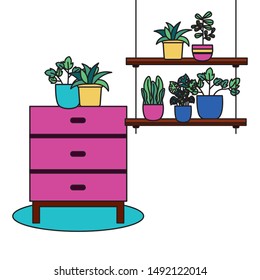 Plants inside pots and furniture design, Garden ornament nature botany natural and floral theme Vector illustration