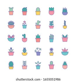 Plants inside pots line and fill style icon set design of Floral nature garden ornament botany decoration beauty and flora theme Vector illustration