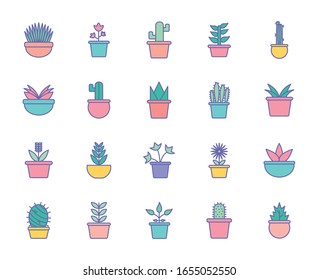 Plants inside pots line and fill style icon set design of Floral nature garden ornament botany decoration beauty and flora theme Vector illustration