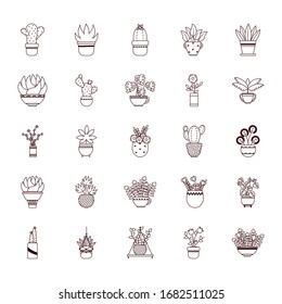 Plantas dentro de macetas estilo línea icono diseño de jardín floral adorno botánica decoración belleza y flora tema Vector ilustración