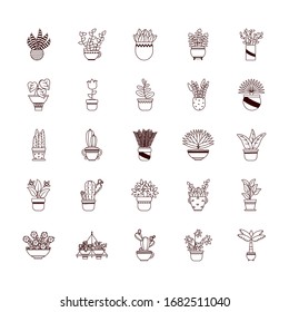 Plantas dentro de macetas estilo línea icono diseño de jardín floral adorno botánica decoración belleza y flora tema Vector ilustración