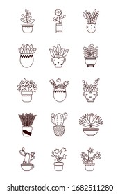 plants inside pots line style icon design of Floral nature garden ornament botany decoration beauty and flora theme Vector illustration
