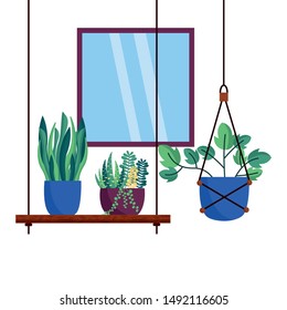 Plants inside pots and window design, Garden ornament nature botany natural and floral theme Vector illustration