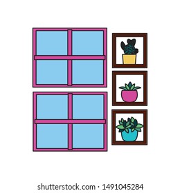 Plants inside pots and windows design, Garden ornament nature botany natural and floral theme Vector illustration