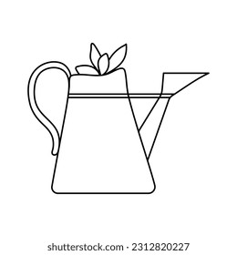 Plants  inside the watering can. Vector outline  illustration. Cute drawing. Gardening element.