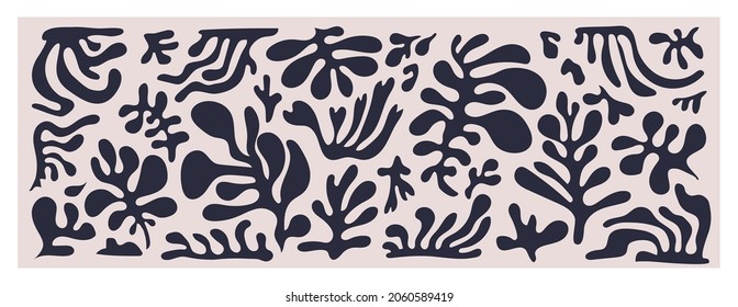 Plantas inspiradas en Matisse. Cortar las ramas abstractas y las hojas aisladas en un fondo blanco. Ilustración del vector de tendencias de elementos naturales en un estilo minimalista.