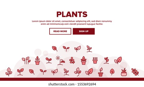 Plants Landing Web Page Header Banner Template Vector. House Plants, Gardening And Leaves Assortment Linear Pictograms. Nature Decoration And Tree Bunch Illustration