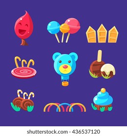 Plants And Landscape Elements Made Of Sweets Set Of Isolated Bright Color Childish Cartoon Style Illustrations On Blue Background