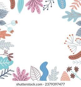 Plants and leaves background in flat style with space for text. Forest, garden or jungle backdrop. Foliage banner, spring and summer card design, nature poster. Vector illustration.