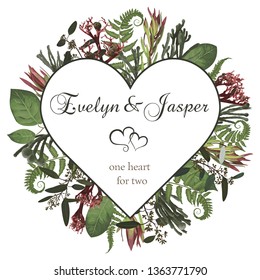 Plants, leaves, branches, brunia, blooming eucalyptus, leucadendron, gaultheria, salal, jatropha vector design frame.Valentines, watercolor seasonal flower card.Floral heart composition.Isolated
