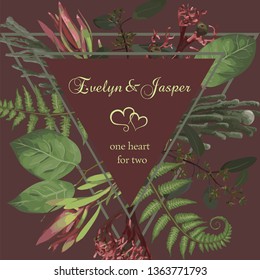 Plants, leaves, branches, brunia, blooming eucalyptus, leucadendron, gaultheria, salal, jatropha vector design frame.Wedding, watercolor seasonal flower card.Floral triangle composition.Isolated