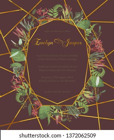 Plants, leaves, branches, brunia, blooming eucalyptus, leucadendron, gaultheria, salal, jatropha vector design gold frame.Wedding, watercolor seasonal flower card.Geometric composition.Editable 
