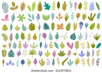 Plants and leaves bundle.  Big collection with nature elements in cartoon style. Hand drawn floral set. Vector illustration