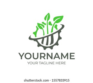 Plants and leaves in gear, logo design. Agriculture, growing, farming and agro industry, vector design and illustration