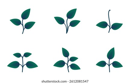 Plants with leaves green gradient illustration set. Nature and planting design elements. Isolated vector images