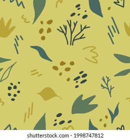Plants, leaves and random shapes. Abstract vector seamless pattern. Colored cartoon botanical ornament. Autumn modern design for print, fabric, textile, background, wallpaper, wrap, card, decoration.