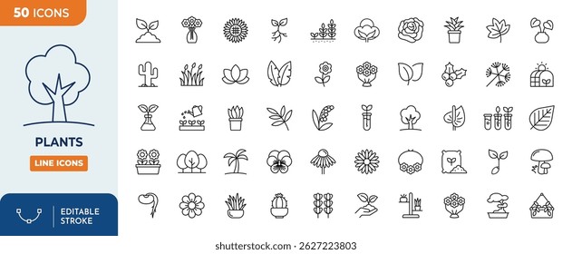 Plants line editable icon set. Containing icons related to plants, floral, etc. Editable stroke. Vector illustration