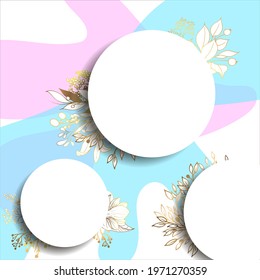 Plants line gold. 3D paper cutout. Leaves and flowers from golden threads. Round three frames with summer flowers in vintage style. Vector illustration. Place for an inscription.