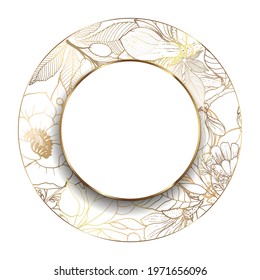 Plants line gold. 3D paper cutout. Leaves and flowers from golden threads. Original frame with summer flowers in vintage style. Bright background. Vector illustration.