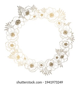 Plants line gold. Anemone on a white background. Wreath of flowers. Watercolor wedding invitation card. Vector graphics.
