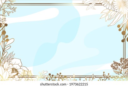 Plants line gold. Beautiful frame. Luxurious golden nature. White background. Flowers in a thin line. Light pastel colors. Vector abstract background.