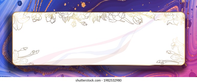 Plants line gold. Blue marble with gold flowers. Banner in light pink and blue colors. With beautiful streaks and watercolors and stripes.