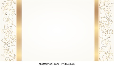 Plants line gold. The frame is shiny vertical. Place for your text. Intertwining branches and leaves on a light beautiful background. The background color is ivory.