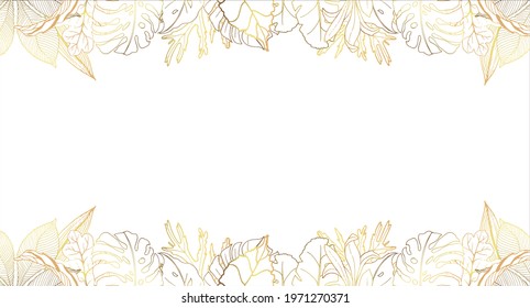 Plants line gold. The frame is shiny horizontal. Place for your text. Intertwining branches and leaves on a light beautiful background. The background color is white. Vector illustration.