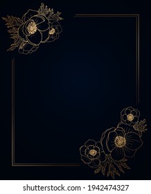 Plants line gold. The frame is thin and shiny. Place for your text. Intertwining branches and leaves of anemone on a dark beautiful background.