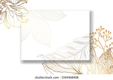 Plants line gold. Invitation card template. Garden leaves. Detailed outline drawing. Rectangular frame with placeholder text. Luxurious bright shiny gold.