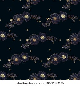 Plants line gold. Luxurious golden nature seamless pattern. Branches, leaves and flowers in a thin line. Dark background. Vector abstract background.