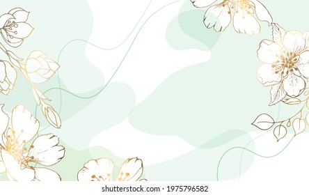 Plants line gold. Minimal background in blue tones, cherry blossom. Watercolor stains.