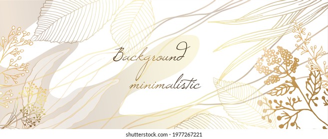 Plants line gold. Minimal background in yellow tones. With beautiful streaks and watercolor stains and stripes. Abstract plants banner design for prints, covers, wallpapers, minimalistic