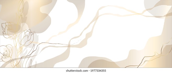 Plants line gold. Minimal background in beige tones. With beautiful streaks and watercolor stains and golden hazy streaks. Abstract plants banner design for prints, covers, wallpapers, minimalistic