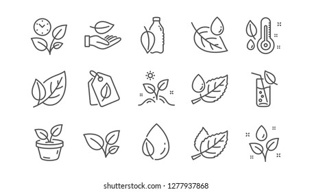Plants line icons. Leaf, Growing plant and Humidity thermometer. Water drop linear icon set.  Vector
