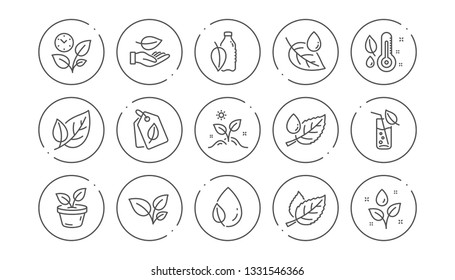 Plants line icons. Leaf, Growing plant and Humidity thermometer. Water drop linear icon set. Line buttons with icon. Editable stroke. Vector