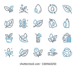 Plants line icons. Mint leaf, Growing plants and Humidity thermometer icons. Bottle with mint water, Nature care, leaf on hand. Gardening new flower, environment, water drop and thermometer. Vector