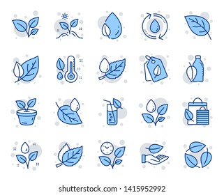 Plants line icons. Mint leaf, Growing plants and Humidity thermometer icons. Bottle with mint water, Nature care, leaf on hand. Gardening new flower, environment, water drop and thermometer. Vector