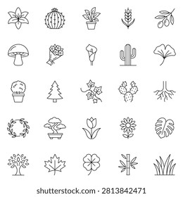 Plants Line Icons Set. Botanical, Garden, Houseplants, Flowers, Trees and Nature Outline Vector Collection